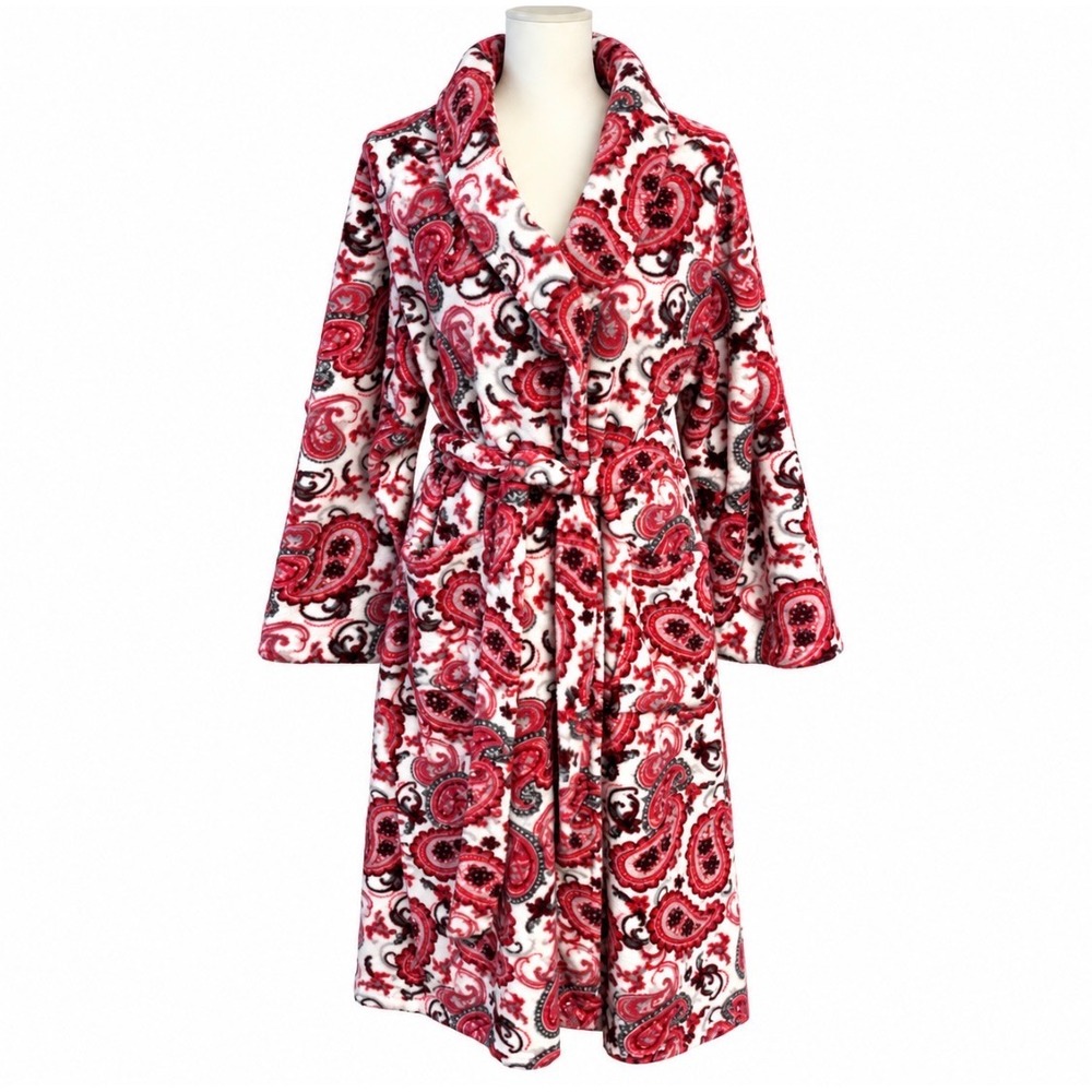 Laura Ashley Paisley Plush Fleece Bathrobe L/XL Shawl Collar Tie Pockets Red